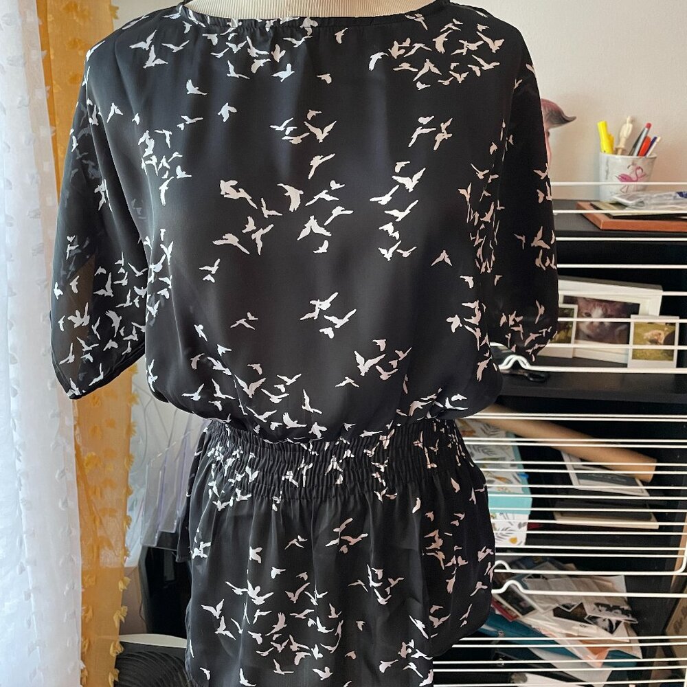 Xhilaration Flying Birds Smocked Waist Blouse X-Small - Women | Color: Black